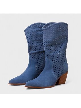 Seychelles Diva Blue Suede Perforated Mid-Calf Boots Size 7.5 NWT